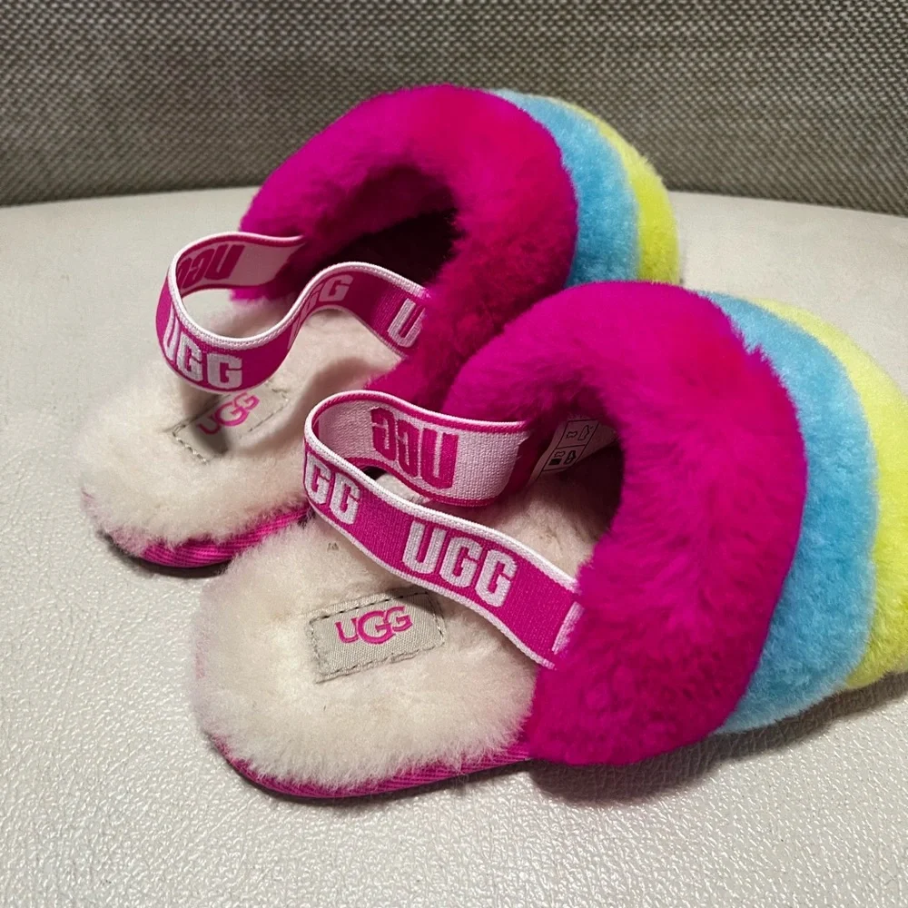 UGG Fluff Yeah Slides Neon Rainbow Sleepers Little Girls Size 11